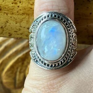 Natural Rainbow Moonstone Sterling Silver Cocktail Ring Size 5